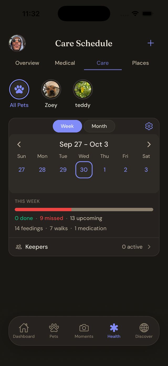 Care schedule week view with feedings, walks and a medication